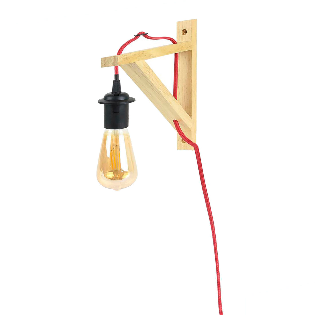 Aplique de Parede em Madeira com Cabo Vermelho E27