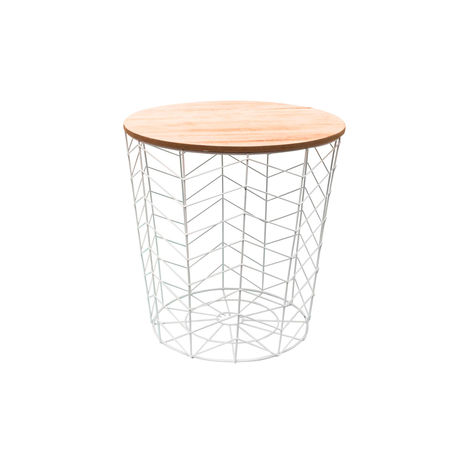 Mesa de Apoio Redonda Tampo Madeira e Estrutura Metal Branca Chevron