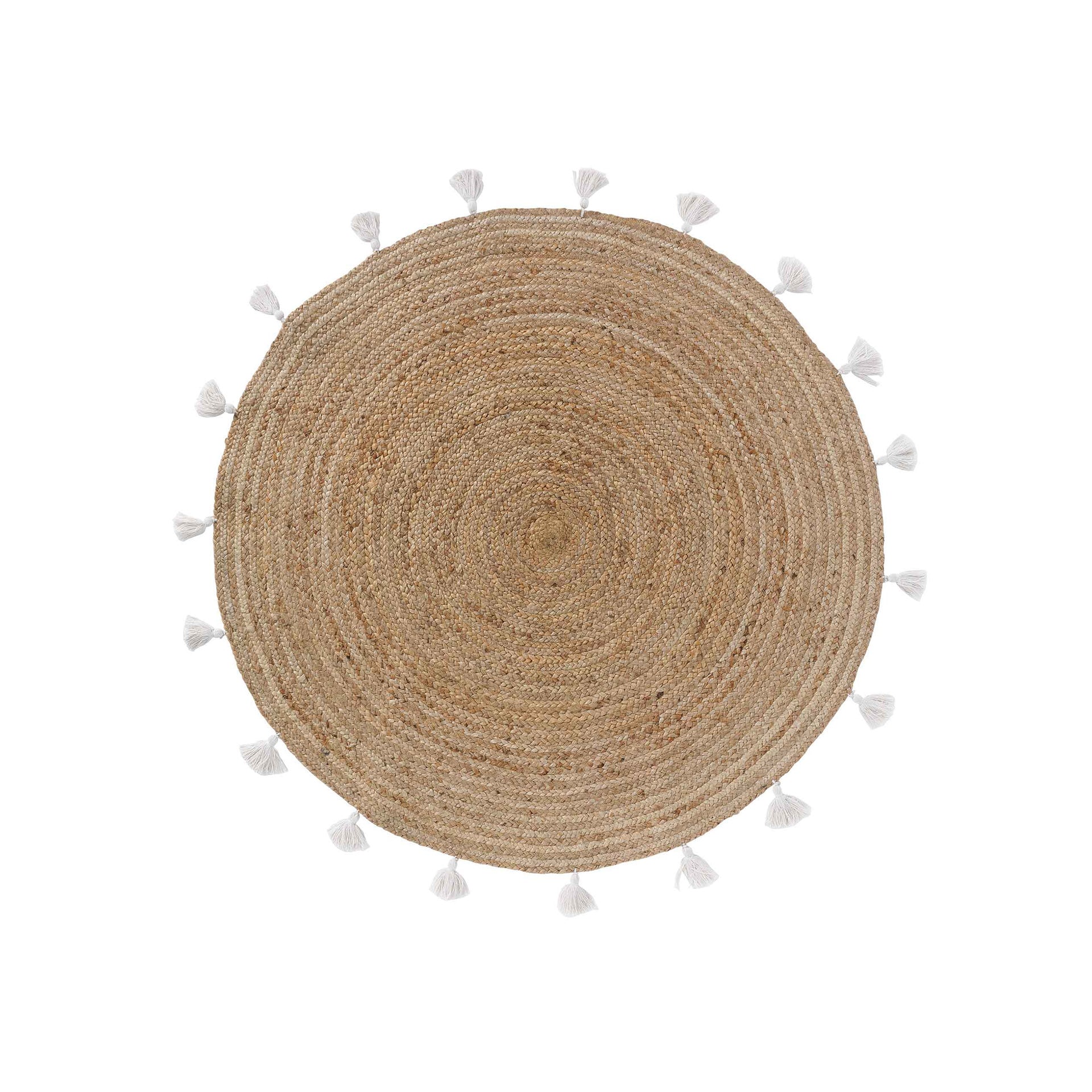 Tapete Redondo Juta Liso Shira com Pompom Branco 120 cm