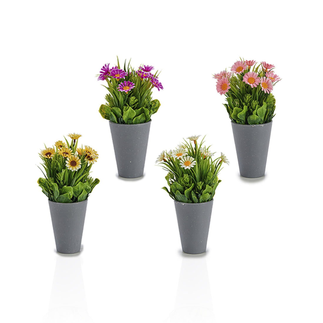 Jarrón gris con margaritas de flores artificiales