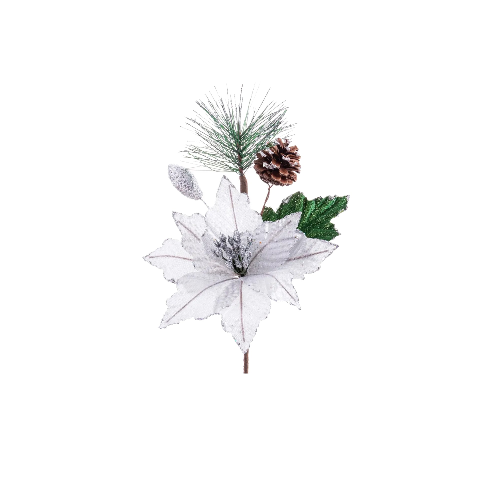 Flor Artificial Poinsetia Branca/Prateada 24 cm