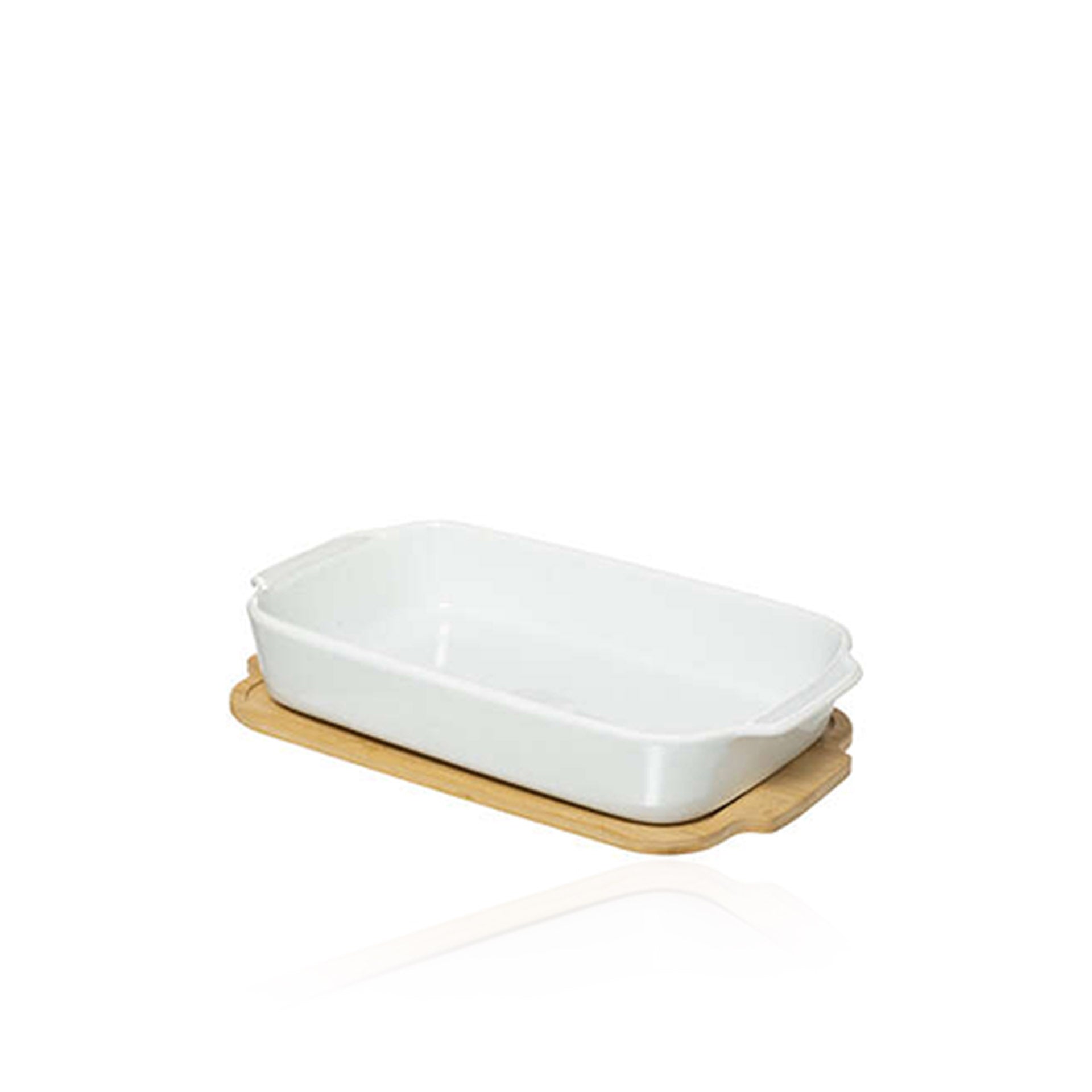 Travessa Rectangular Grande em Cerâmica com Base de Bambu