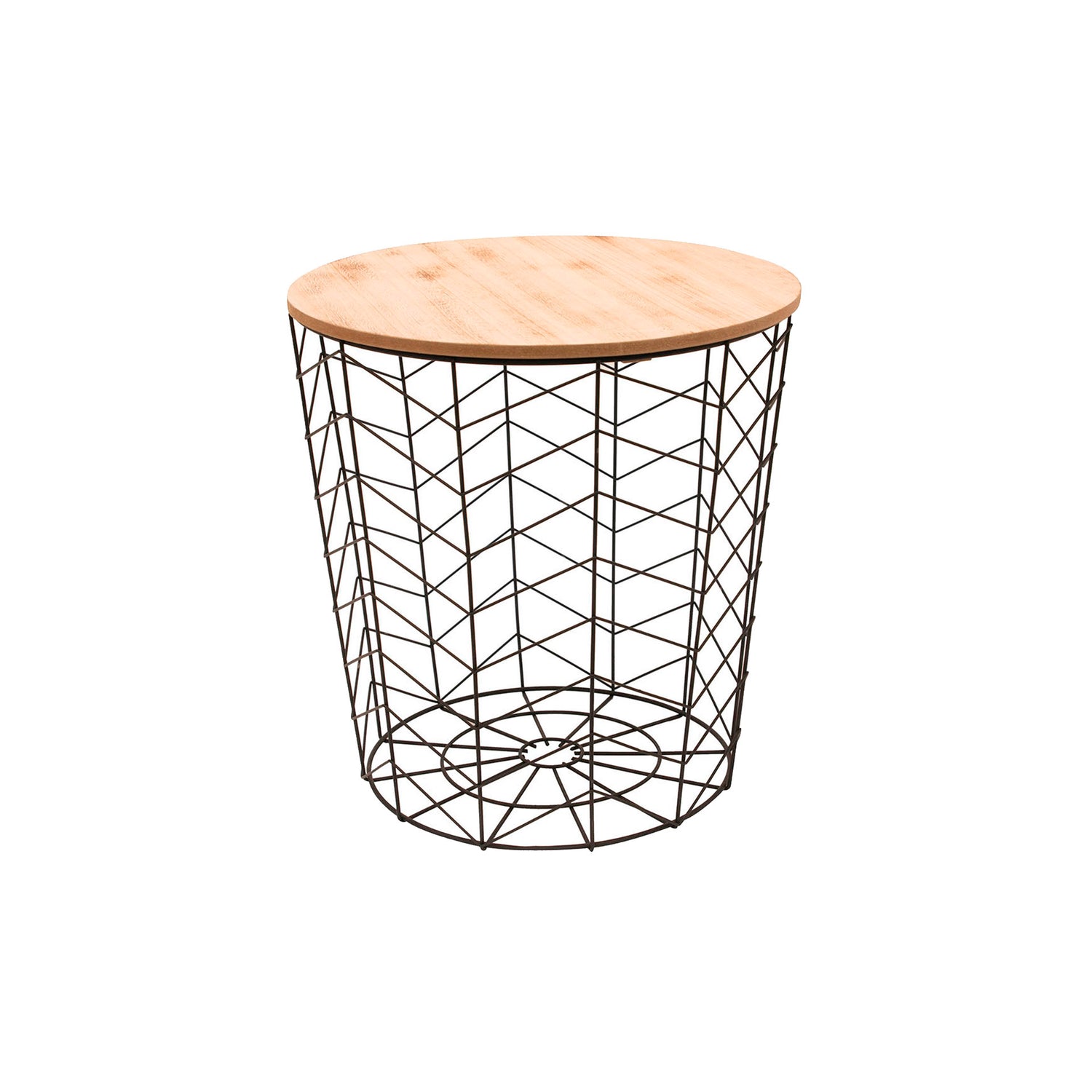 Mesa de Apoio Redonda Tampo Madeira e Estrutura Metal Preta Chevron