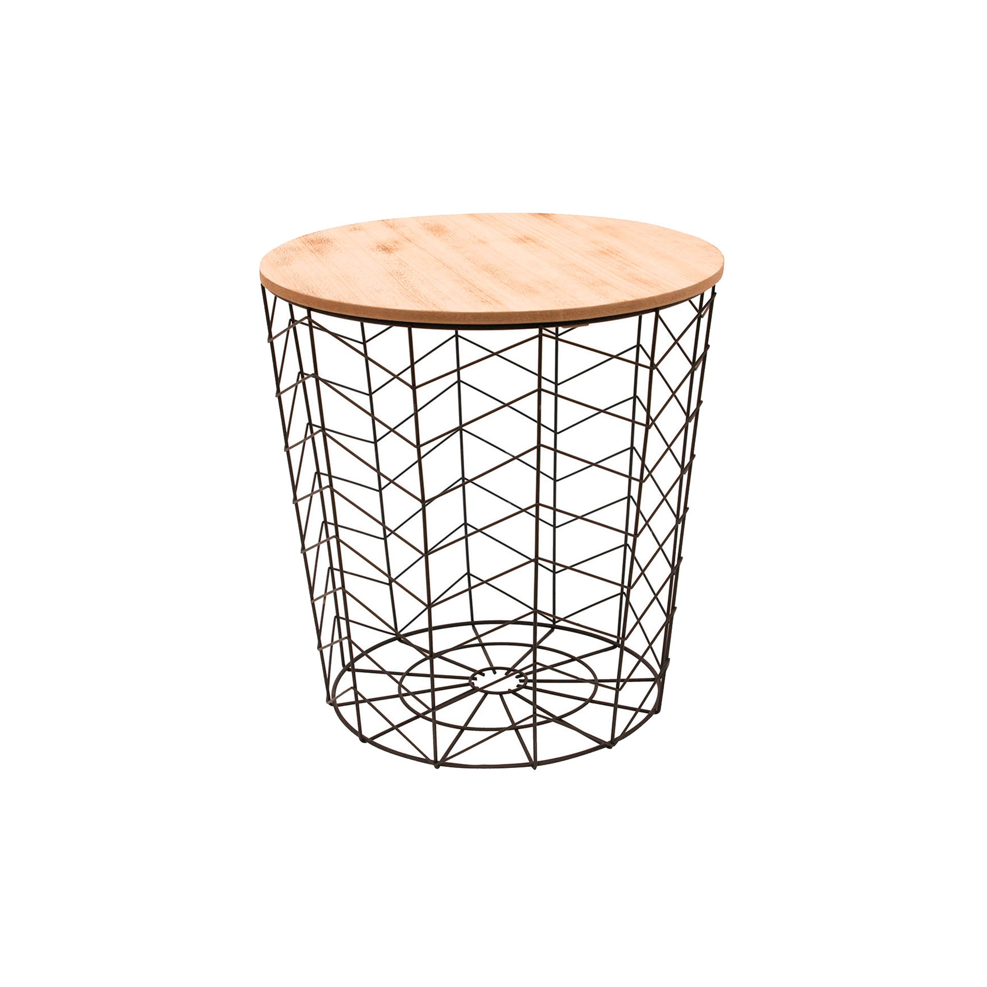 Mesa de Apoio Redonda Tampo Madeira e Estrutura Metal Preta Chevron