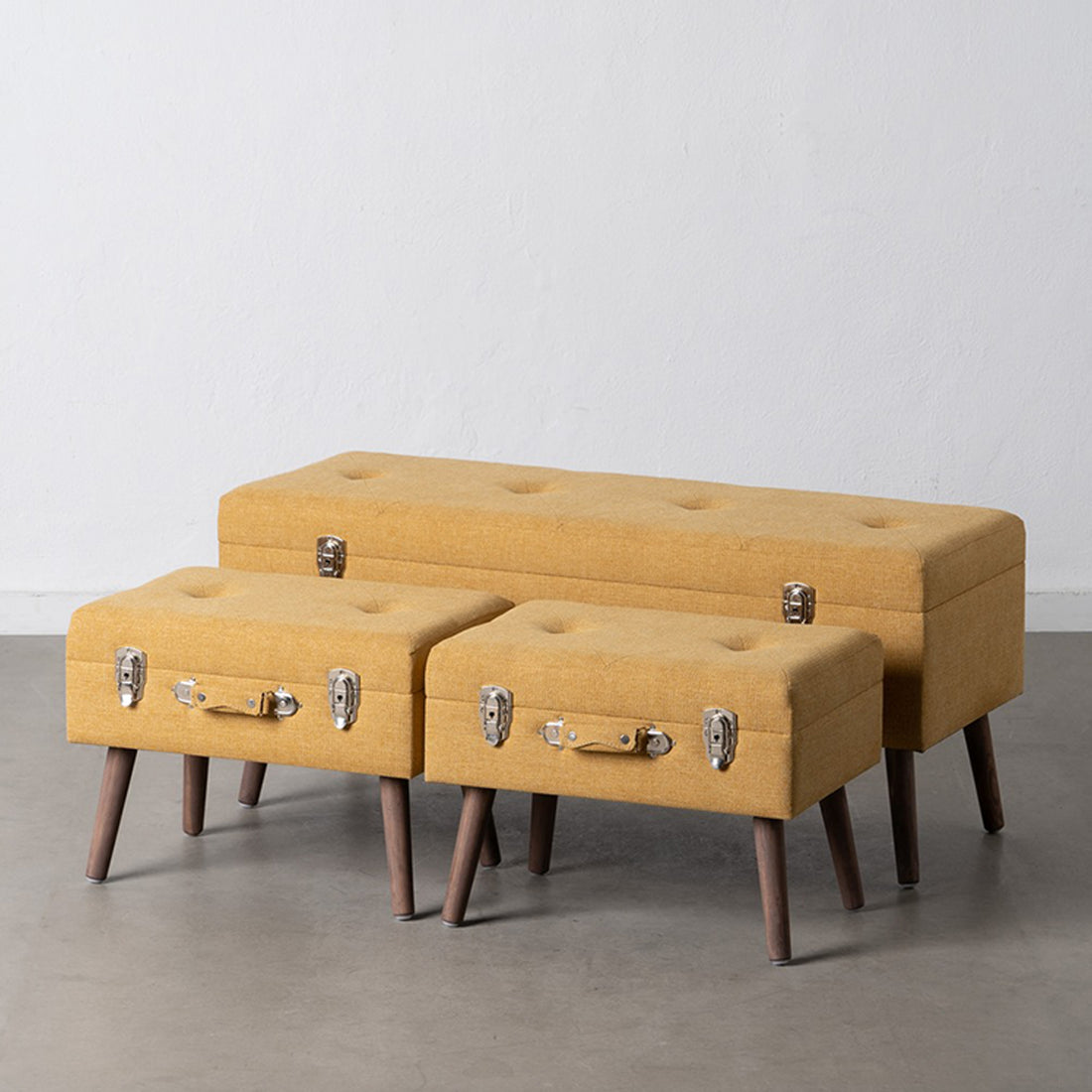 Conjunto 3 Bancos Baús de Arrumação Tecido Mostarda