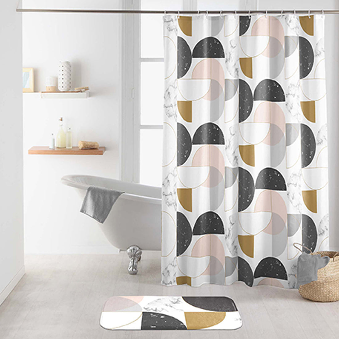 Cortina de Duche com Ganchos Poliéster Estampado Geomarbre Rosa