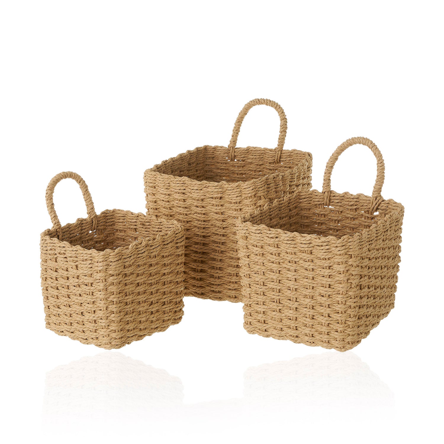 Juego de 3 cestas cuadradas de papel trenzado beige