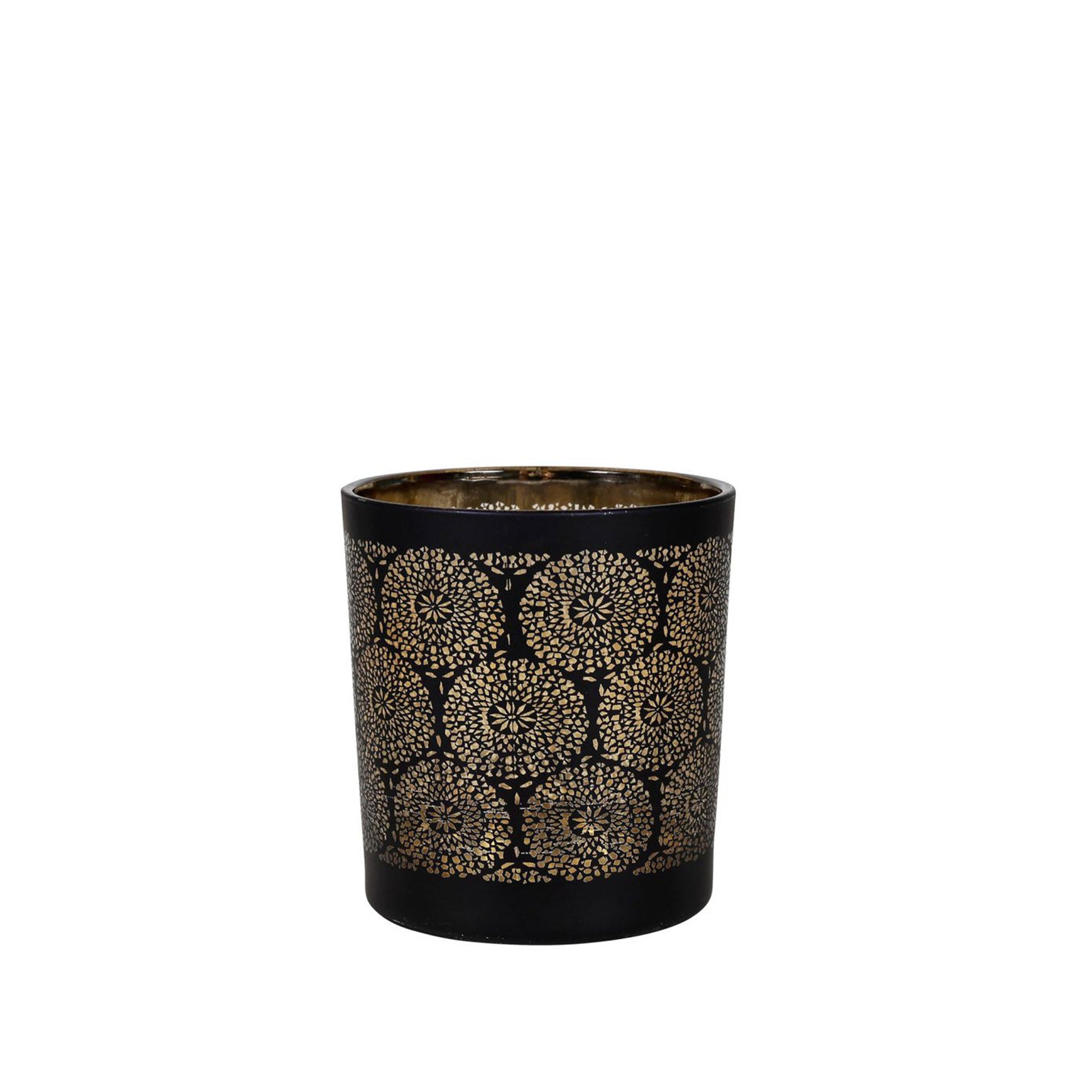 Porta Velas Vidro Mandalas Preto/Dourado