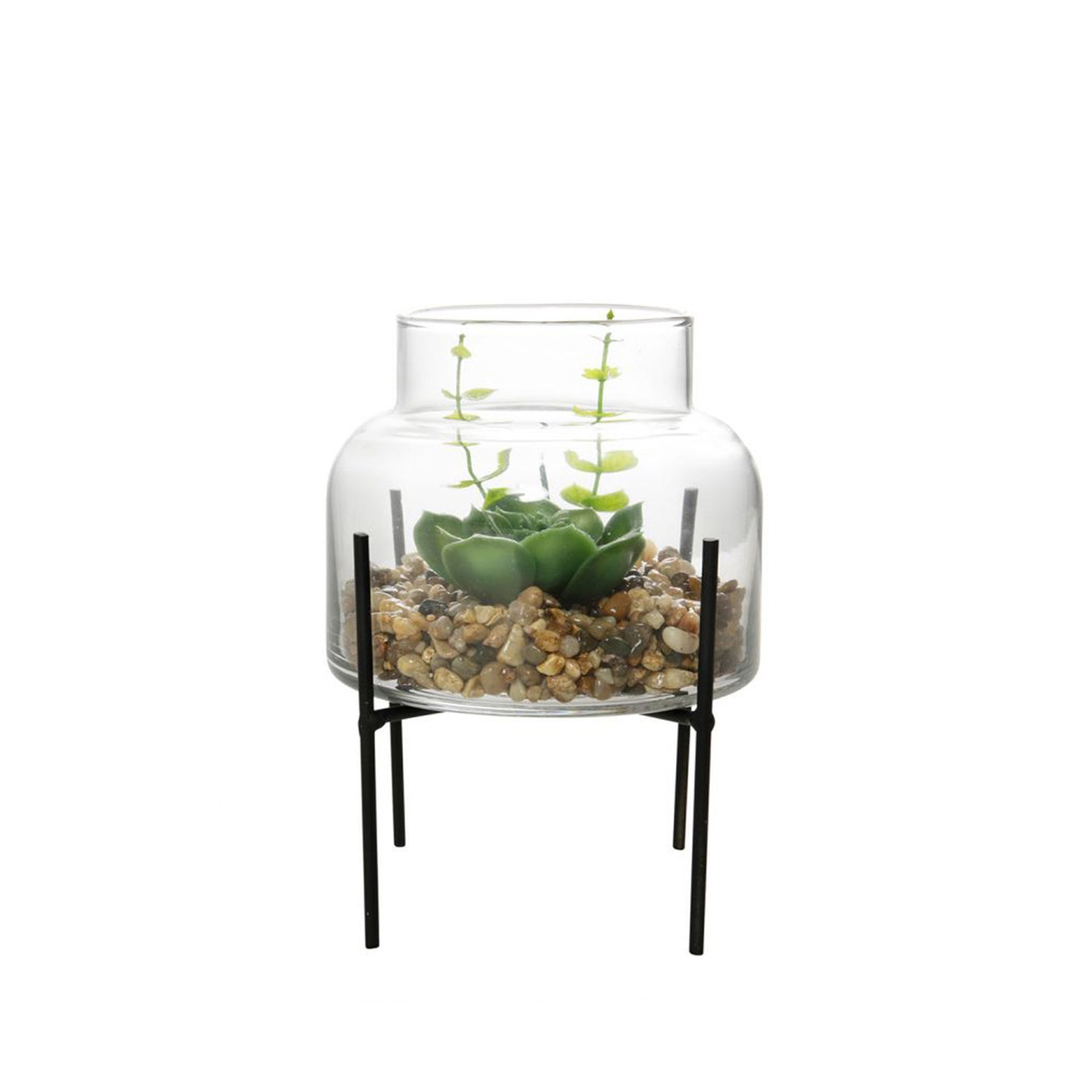 Planta Artificial em Vaso Vidro Suporte Metal