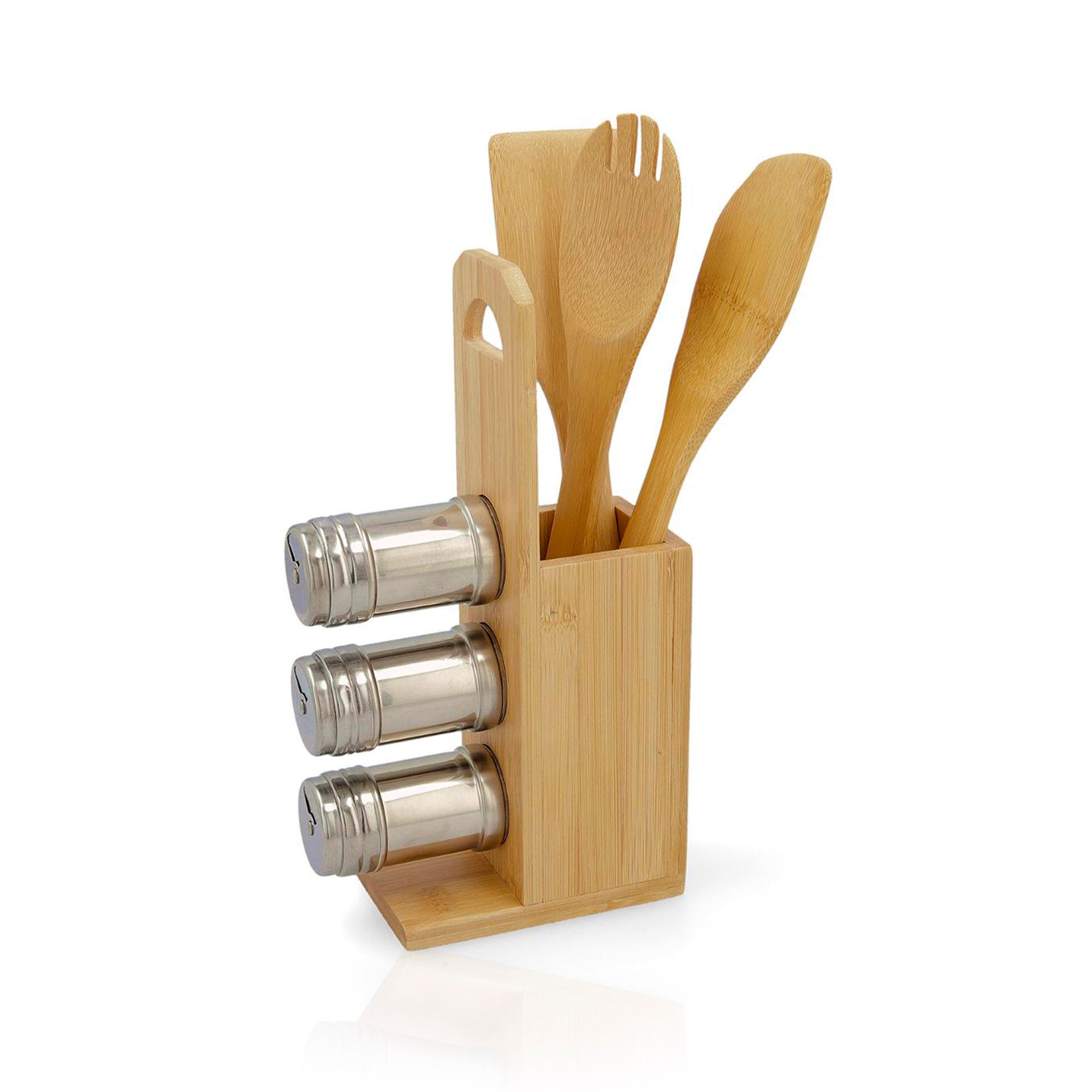 Conjunto 3 Utensílios Cozinha + 3 Frascos Especiarias com Suporte