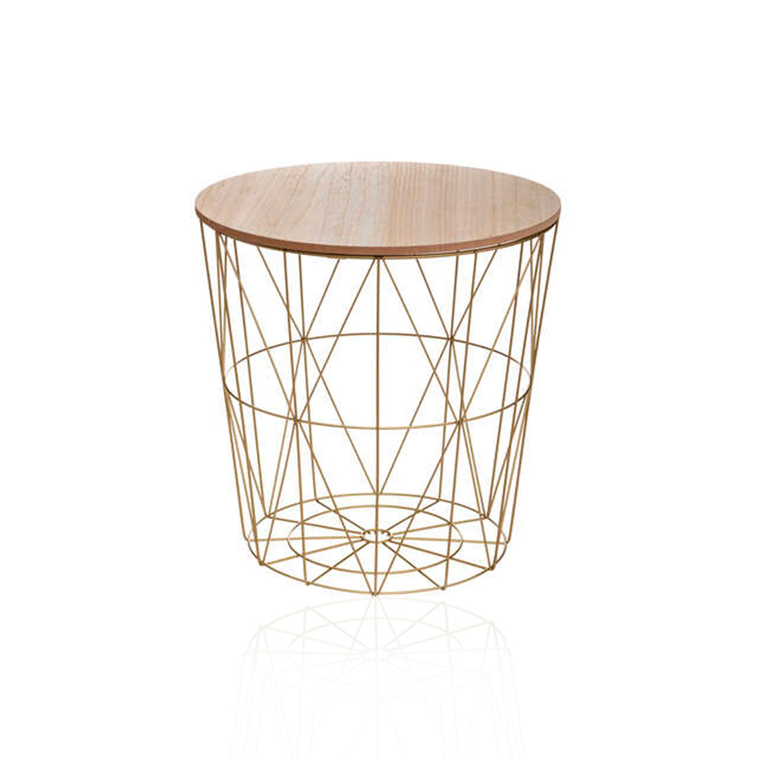 Mesa auxiliar redonda dorada con tapa de madera