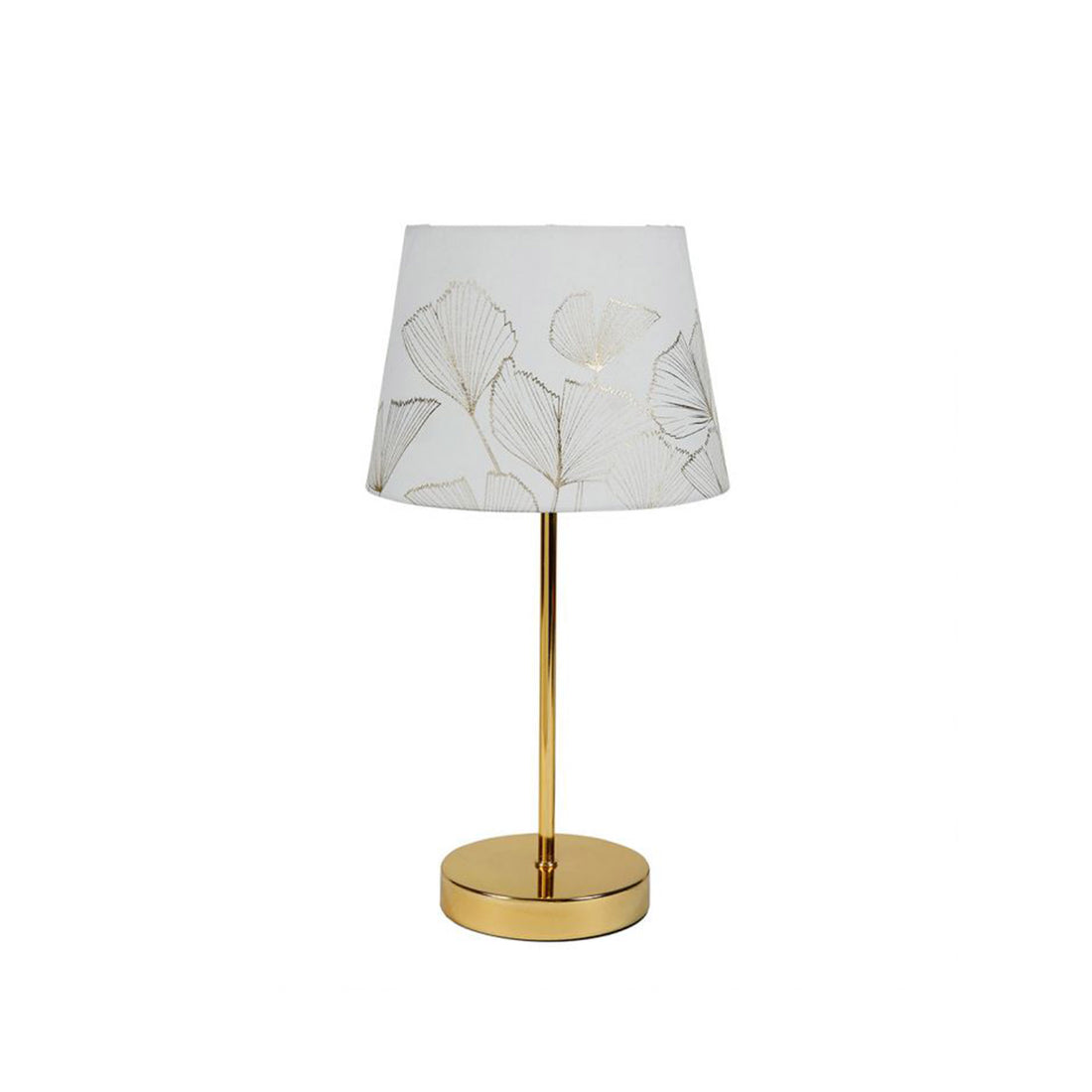 Candeeiro de Mesa com Pé Metal Dourado Abajur Branco e Folhas Douradas Gingko